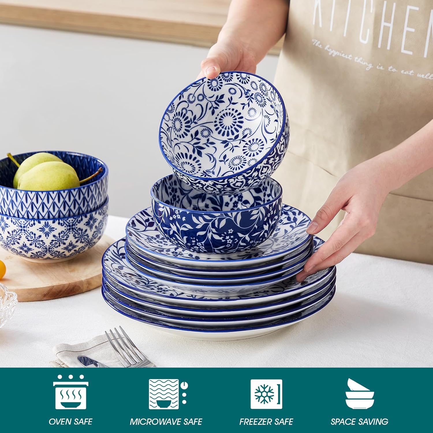 vancasso Selene Dinner Set for 4, 12 Pieces Porcelain Vintage Blue Plates and Bowls Set Kitchen Dinnerware Sets Crockery Set, Mircowave and Dishwasher Safe Dishes Set