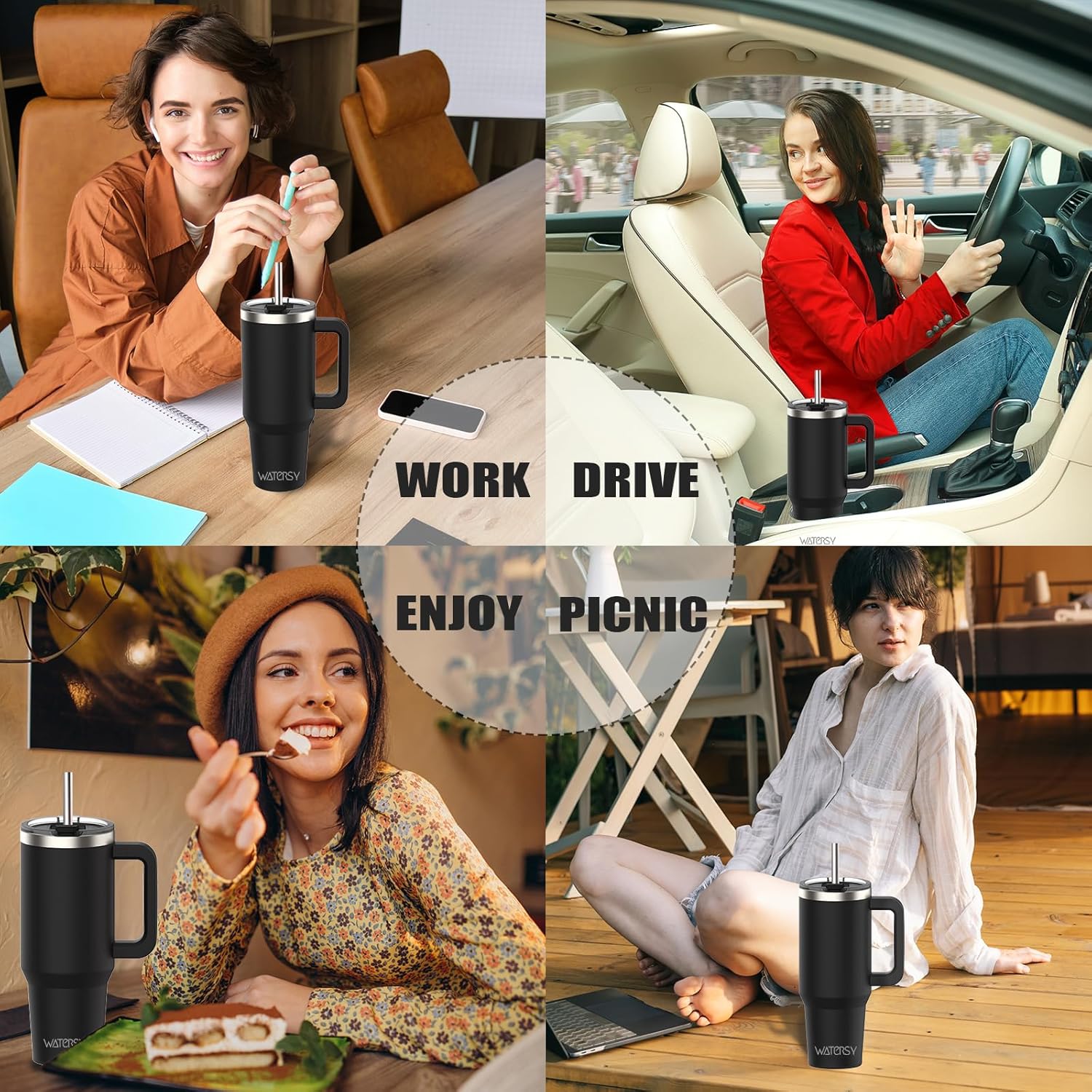 WATERSY Travel Mug Coffee Cup 40oz Tumbler Straw Lid and Handle, Stainless Steel Double Wall Vacuum Insulated Coffee Water Bottle for Cold Hot Coffee 1182ml Black