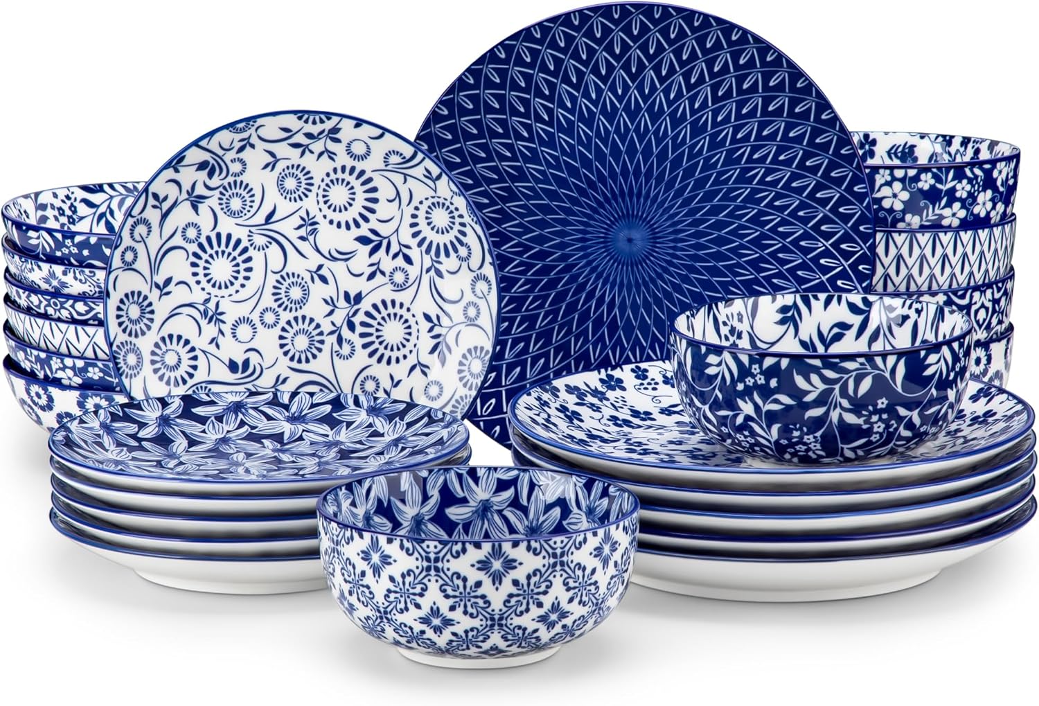 vancasso Selene Dinner Set for 4, 12 Pieces Porcelain Vintage Blue Plates and Bowls Set Kitchen Dinnerware Sets Crockery Set, Mircowave and Dishwasher Safe Dishes Set
