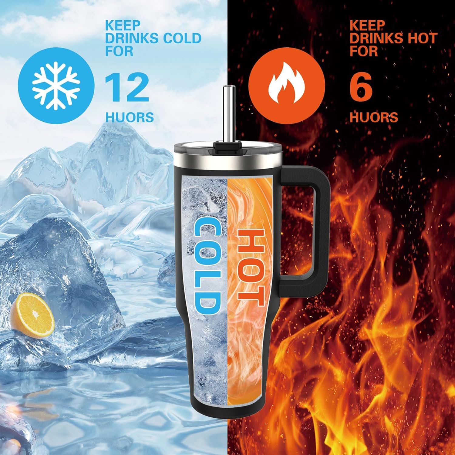 WATERSY Travel Mug Coffee Cup 40oz Tumbler Straw Lid and Handle, Stainless Steel Double Wall Vacuum Insulated Coffee Water Bottle for Cold Hot Coffee 1182ml Black
