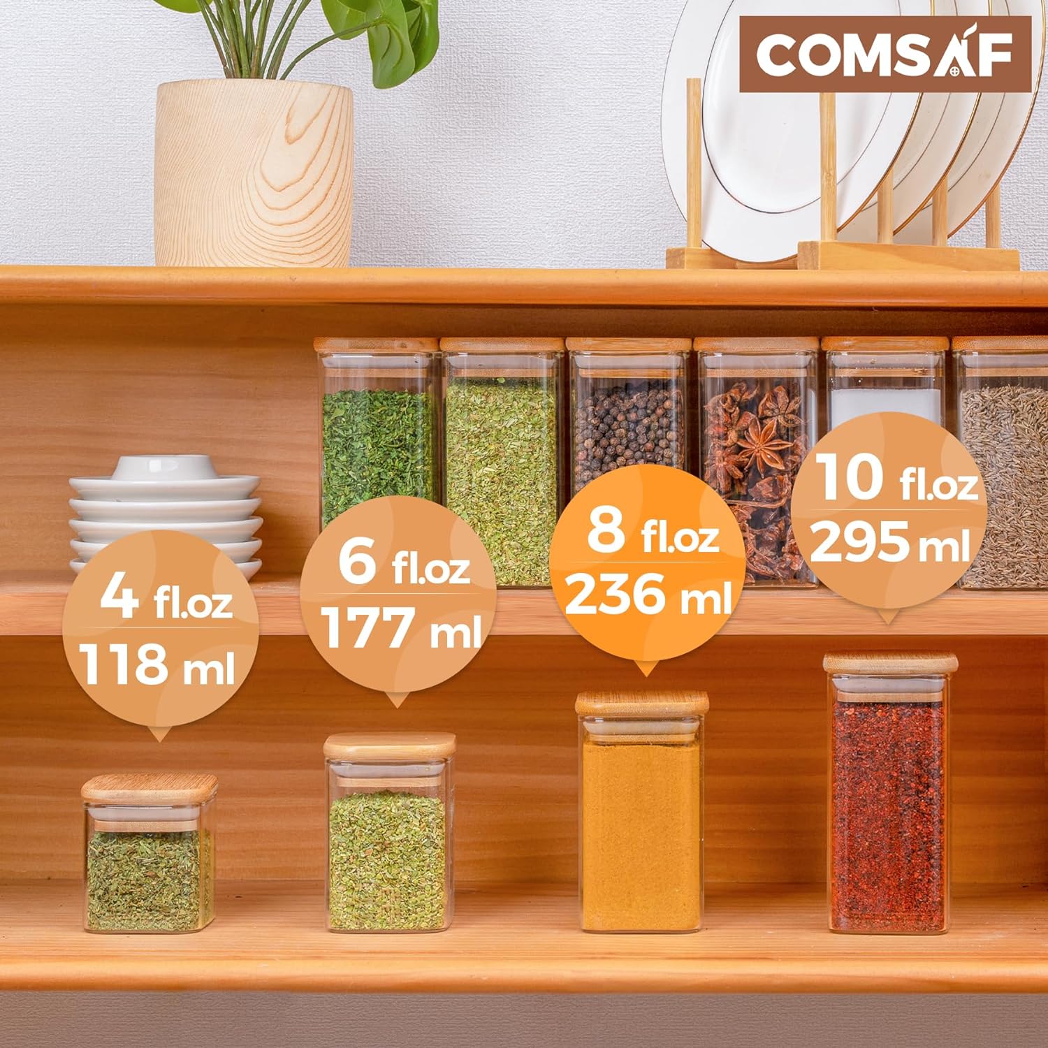 ComSaf 12 Pcs Glass Spice Jars with Bamboo Lids, 8oz/250ml Square Glass Storage Jars with 275 Black Lables, Airtight Spice Jars with Lids, Glass Container for Spice, Salt, Sugar, Seeds, Nuts etc