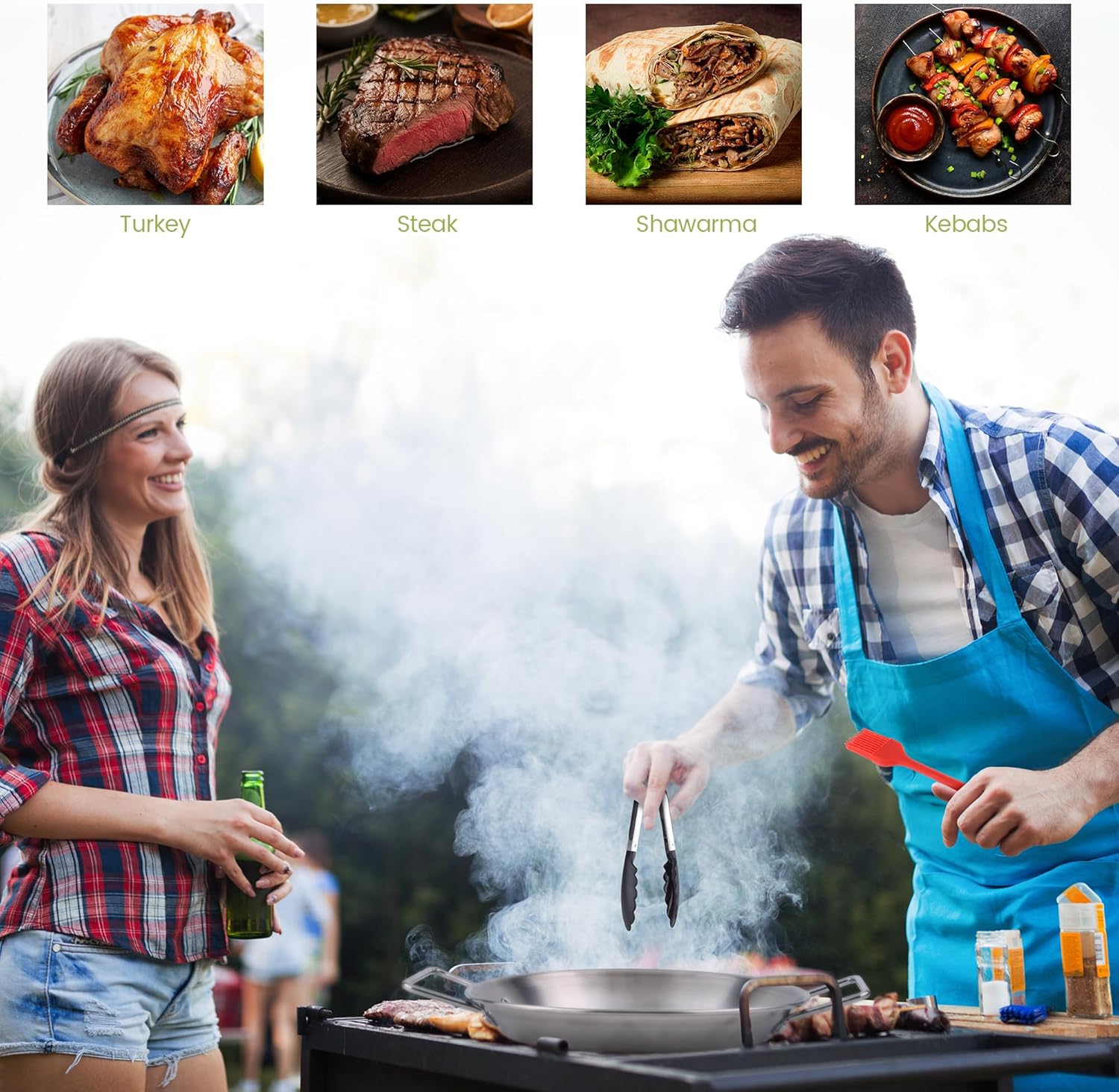 Vivantia BBQ Kebab Plate and Skewer for Grill,Stainless Steel Vertical Meat Skewer Pan with Replacement Spikes and Brush Tongs Screwdriver for Steak,Chicken,Fish,Turkey Kebab
