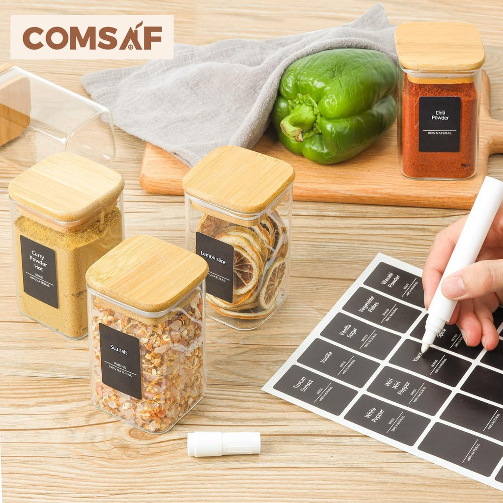 ComSaf 12 Pcs Glass Spice Jars with Bamboo Lids, 8oz/250ml Square Glass Storage Jars with 275 Black Lables, Airtight Spice Jars with Lids, Glass Container for Spice, Salt, Sugar, Seeds, Nuts etc