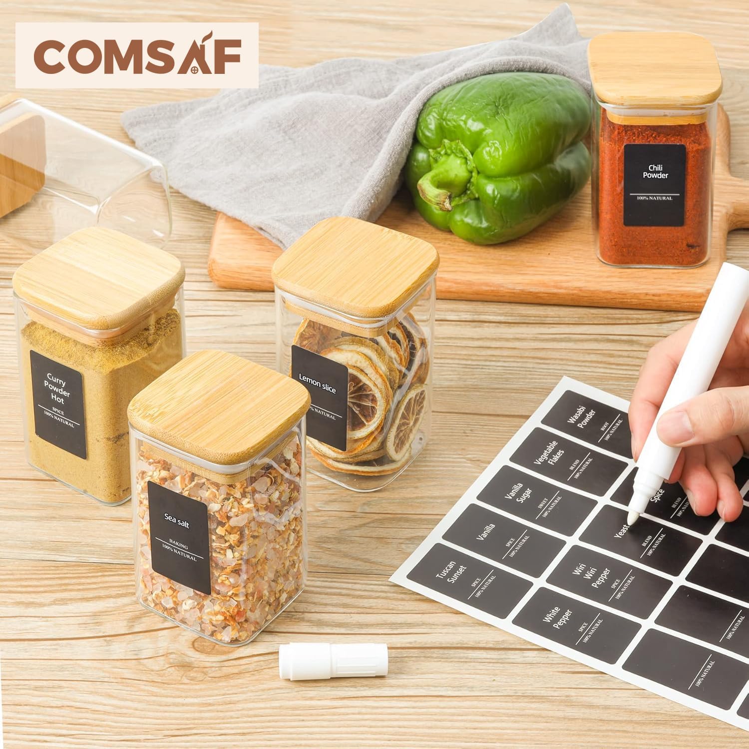 ComSaf 12 Pcs Glass Spice Jars with Bamboo Lids, 8oz/250ml Square Glass Storage Jars with 275 Black Lables, Airtight Spice Jars with Lids, Glass Container for Spice, Salt, Sugar, Seeds, Nuts etc