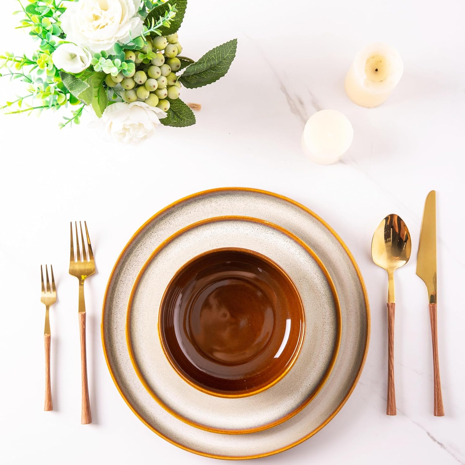 LeRatio Dinner Set for 6, 18 Piece Stoneware Plates and Bowls Set, Chip & Scratch Resistant Reactive Glazed Dinnerware Set, Dishwasher & Microwave Safe Crockery Set (Cappuccino, Service for 6)