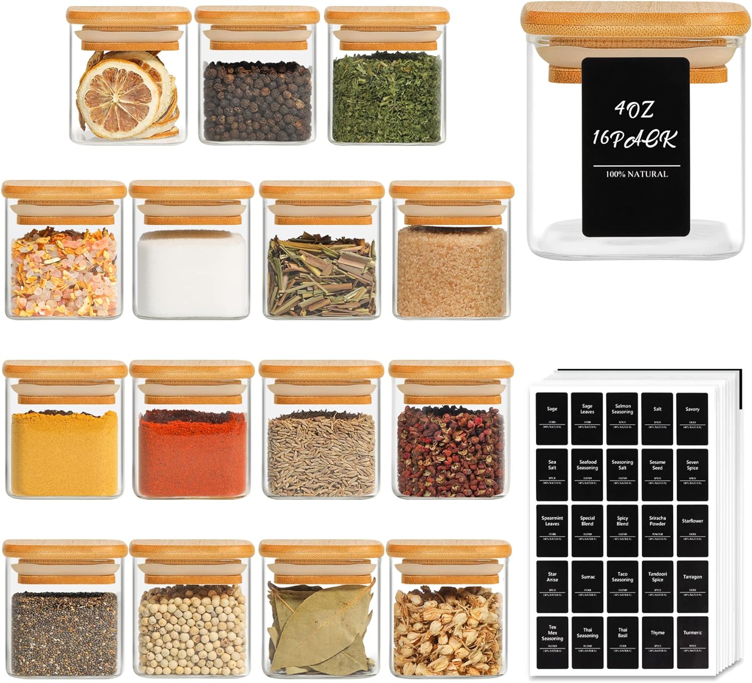ComSaf 12 Pcs Glass Spice Jars with Bamboo Lids, 8oz/250ml Square Glass Storage Jars with 275 Black Lables, Airtight Spice Jars with Lids, Glass Container for Spice, Salt, Sugar, Seeds, Nuts etc