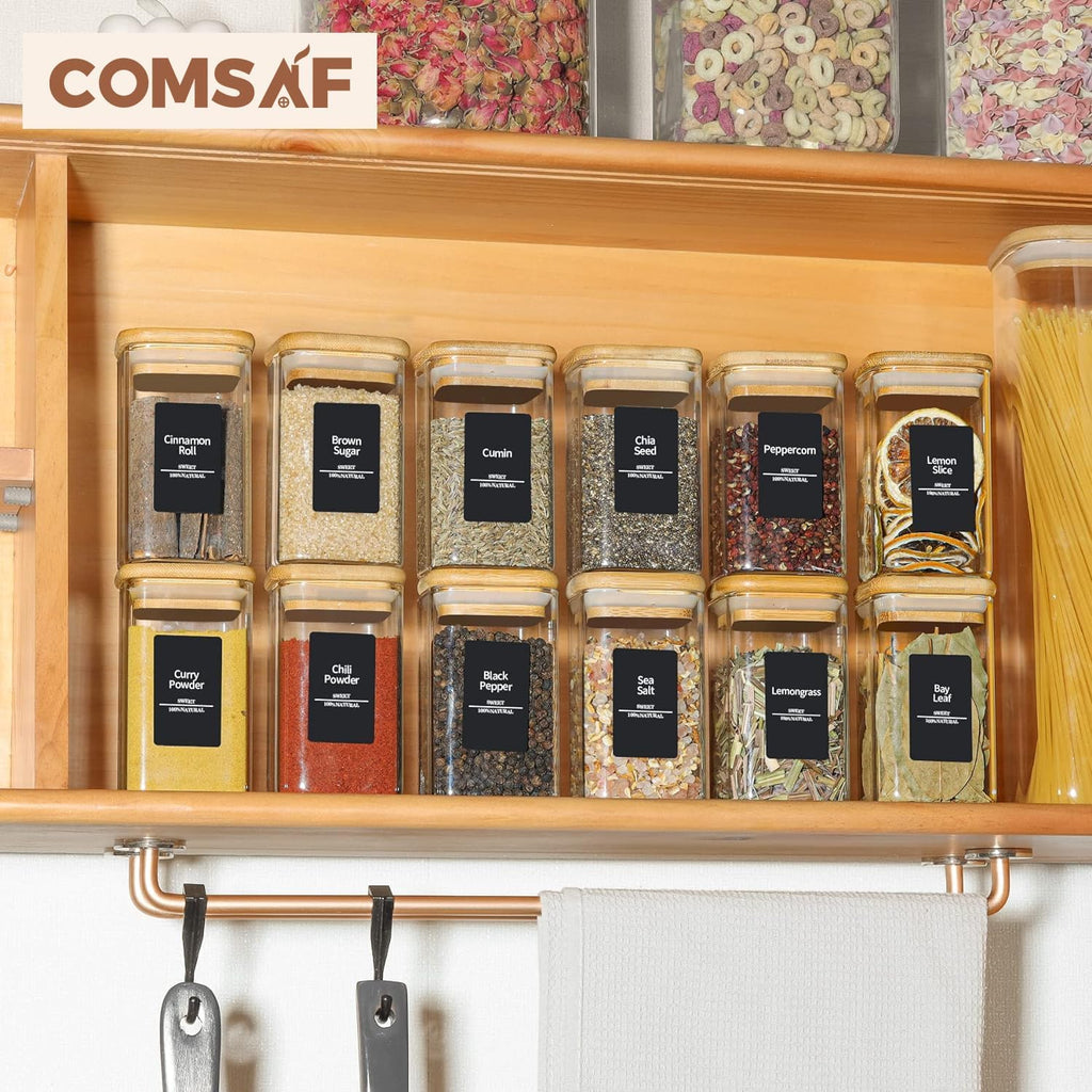 ComSaf 12 Pcs Glass Spice Jars with Bamboo Lids, 8oz/250ml Square Glass Storage Jars with 275 Black Lables, Airtight Spice Jars with Lids, Glass Container for Spice, Salt, Sugar, Seeds, Nuts etc