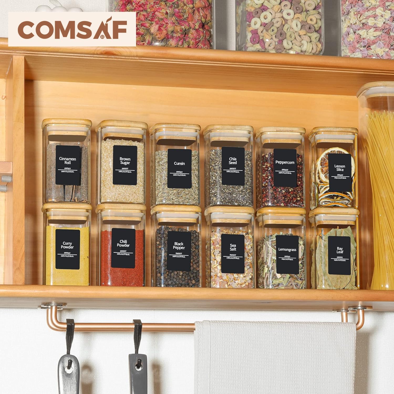 ComSaf 12 Pcs Glass Spice Jars with Bamboo Lids, 8oz/250ml Square Glass Storage Jars with 275 Black Lables, Airtight Spice Jars with Lids, Glass Container for Spice, Salt, Sugar, Seeds, Nuts etc