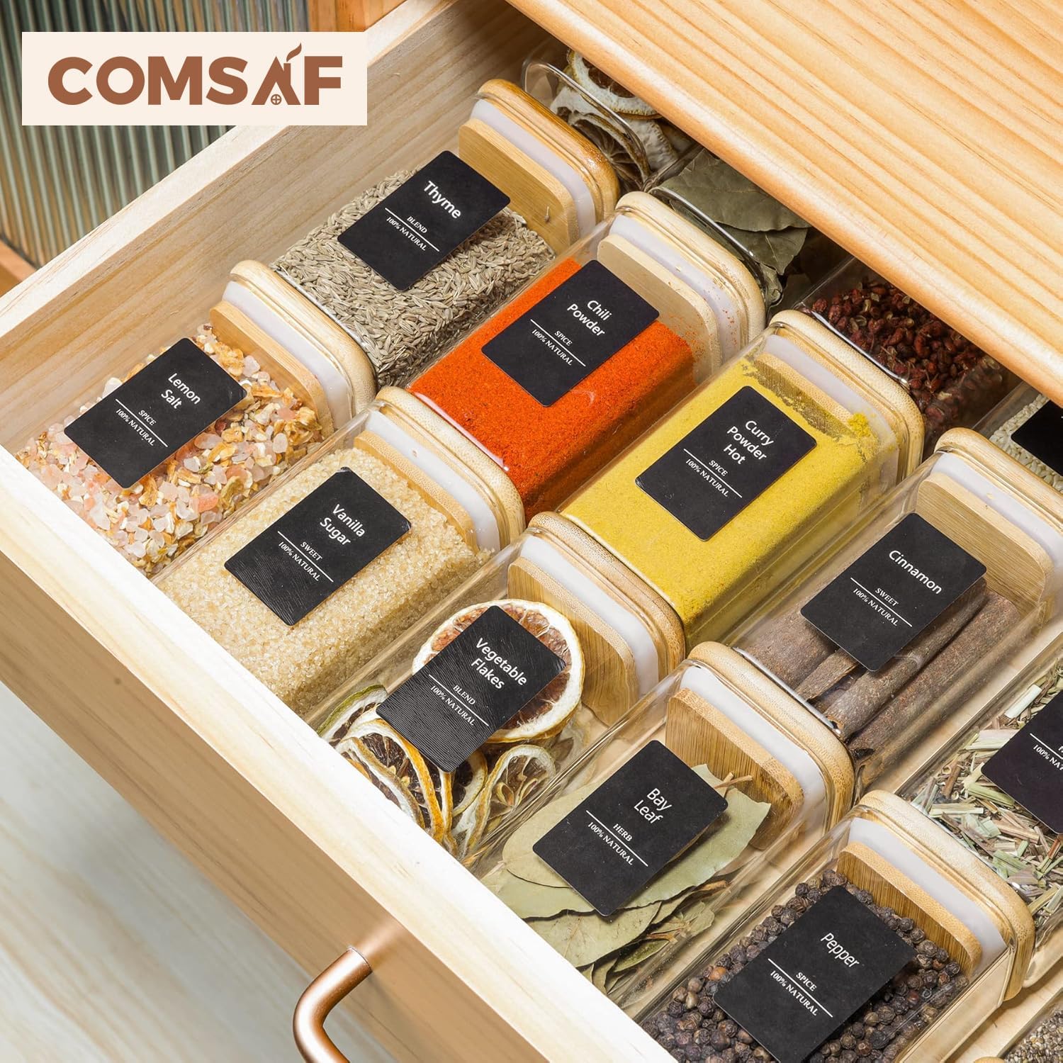 ComSaf 12 Pcs Glass Spice Jars with Bamboo Lids, 8oz/250ml Square Glass Storage Jars with 275 Black Lables, Airtight Spice Jars with Lids, Glass Container for Spice, Salt, Sugar, Seeds, Nuts etc