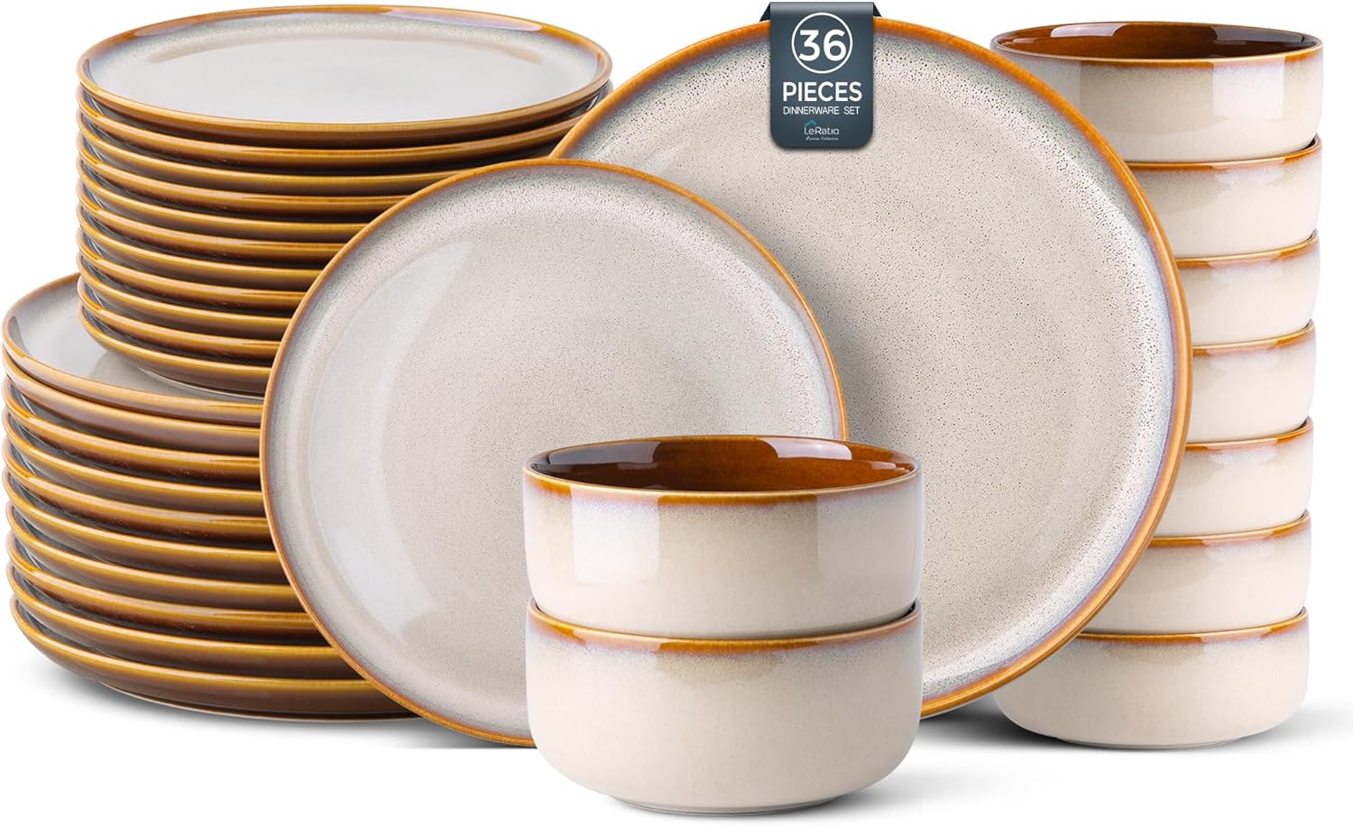 LeRatio Dinner Set for 6, 18 Piece Stoneware Plates and Bowls Set, Chip & Scratch Resistant Reactive Glazed Dinnerware Set, Dishwasher & Microwave Safe Crockery Set (Cappuccino, Service for 6)