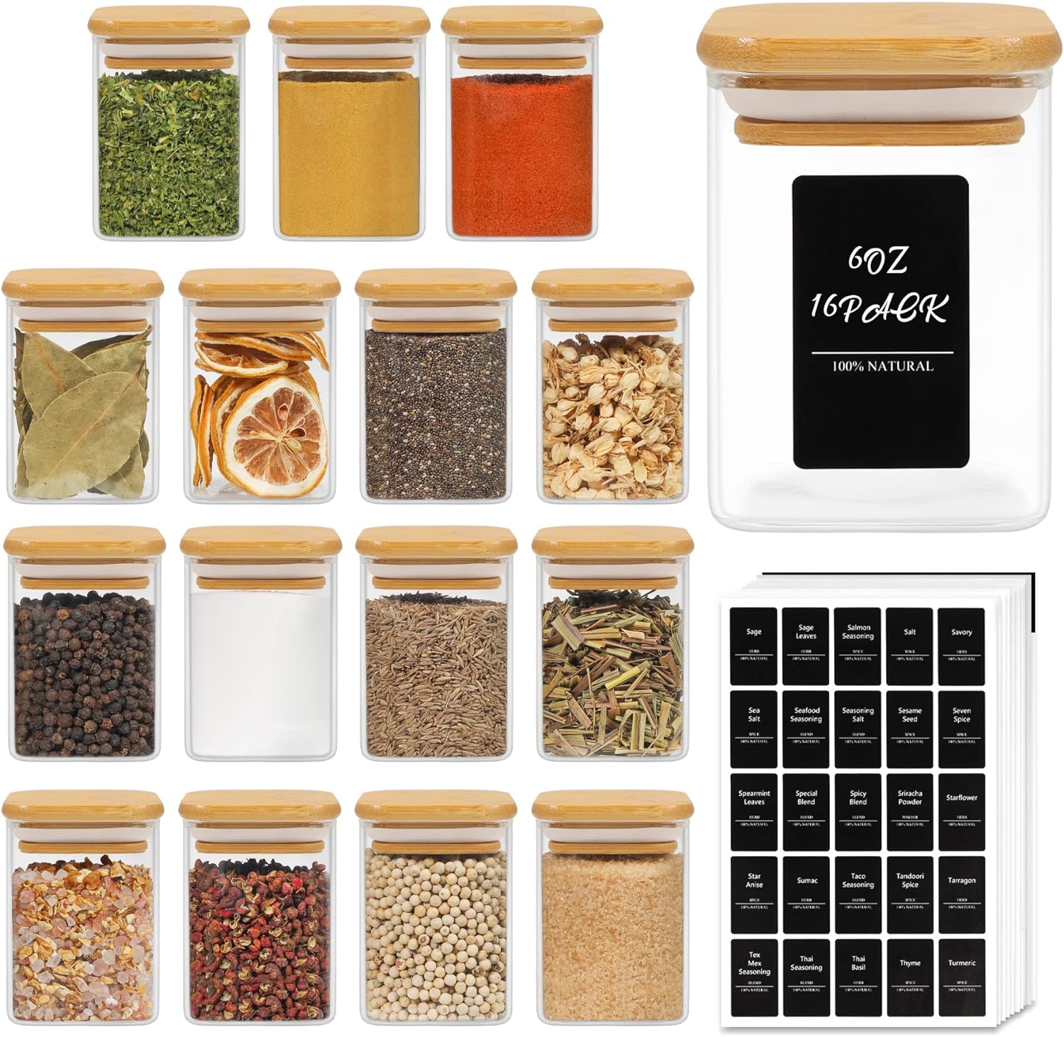 ComSaf 12 Pcs Glass Spice Jars with Bamboo Lids, 8oz/250ml Square Glass Storage Jars with 275 Black Lables, Airtight Spice Jars with Lids, Glass Container for Spice, Salt, Sugar, Seeds, Nuts etc