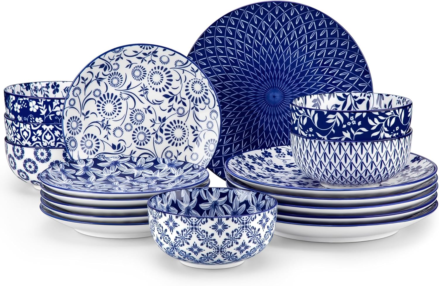 vancasso Selene Dinner Set for 4, 12 Pieces Porcelain Vintage Blue Plates and Bowls Set Kitchen Dinnerware Sets Crockery Set, Mircowave and Dishwasher Safe Dishes Set