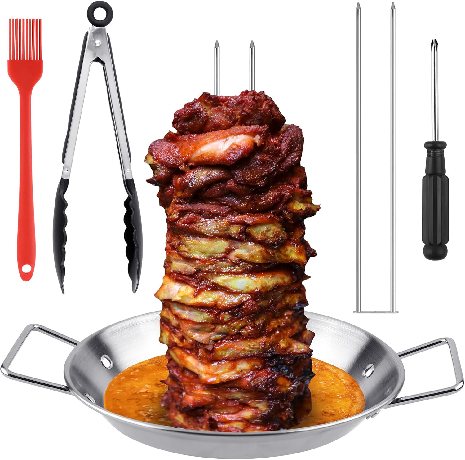 Vivantia BBQ Kebab Plate and Skewer for Grill,Stainless Steel Vertical Meat Skewer Pan with Replacement Spikes and Brush Tongs Screwdriver for Steak,Chicken,Fish,Turkey Kebab