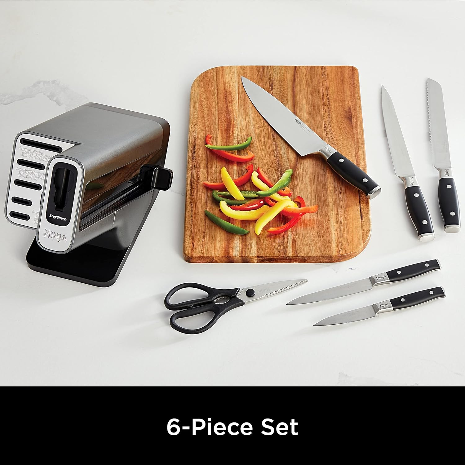 Ninja Foodi StaySharp Knife Block with Integrated Sharpener; 5 Knives and Scissors (1 pair), Sharp 6-Piece Knife Set; Chef, Bread, Slicing, Utility, Paring Knives & Scissors, Stainless Steel, K32006UK