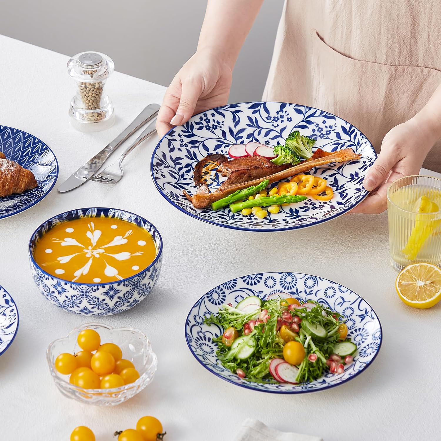 vancasso Selene Dinner Set for 4, 12 Pieces Porcelain Vintage Blue Plates and Bowls Set Kitchen Dinnerware Sets Crockery Set, Mircowave and Dishwasher Safe Dishes Set