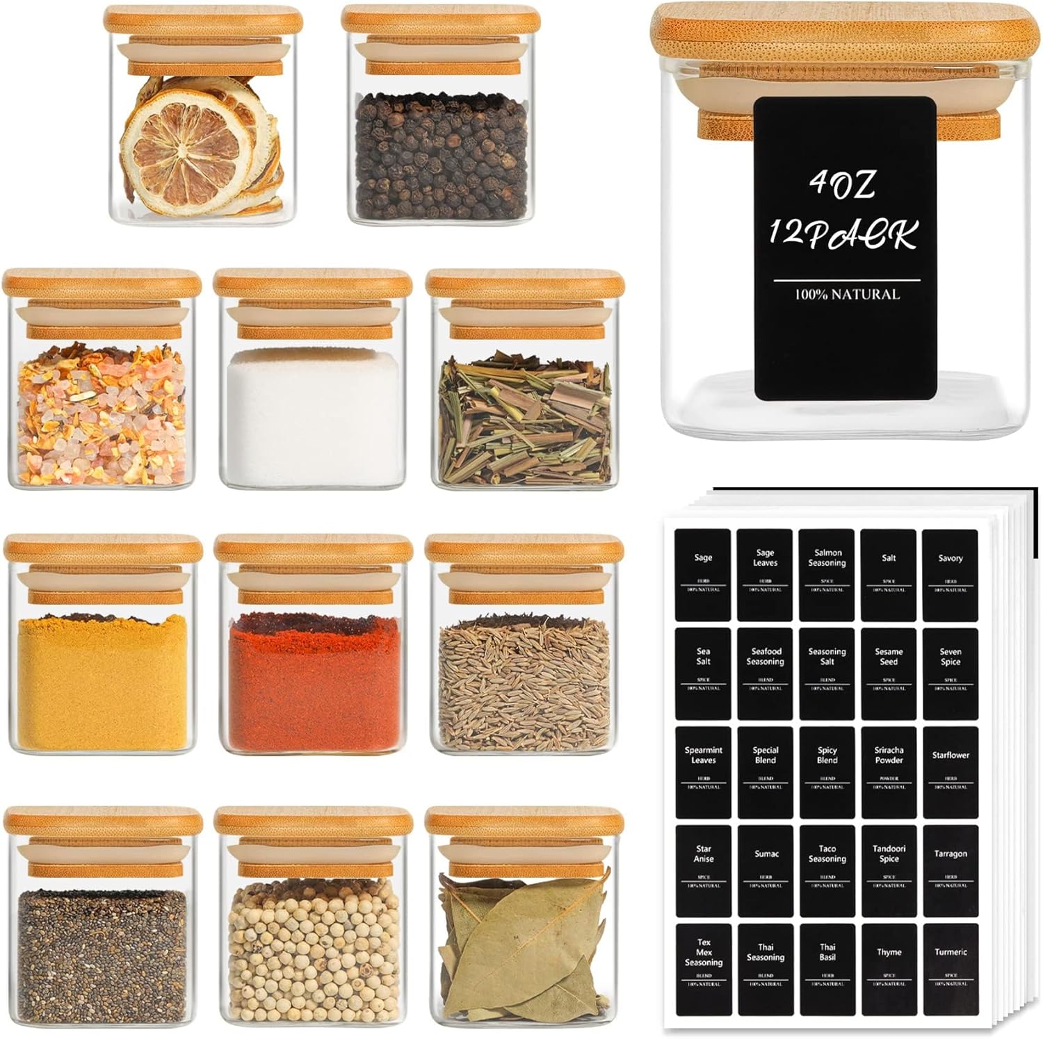 ComSaf 12 Pcs Glass Spice Jars with Bamboo Lids, 8oz/250ml Square Glass Storage Jars with 275 Black Lables, Airtight Spice Jars with Lids, Glass Container for Spice, Salt, Sugar, Seeds, Nuts etc