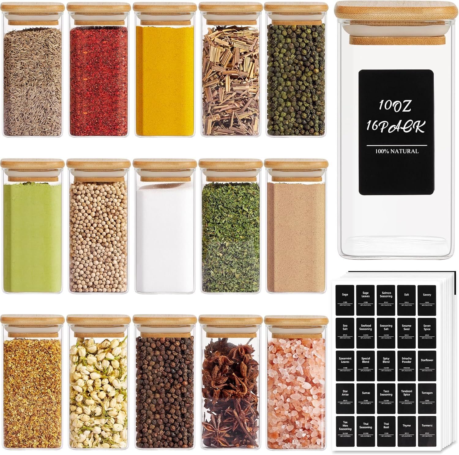 ComSaf 12 Pcs Glass Spice Jars with Bamboo Lids, 8oz/250ml Square Glass Storage Jars with 275 Black Lables, Airtight Spice Jars with Lids, Glass Container for Spice, Salt, Sugar, Seeds, Nuts etc