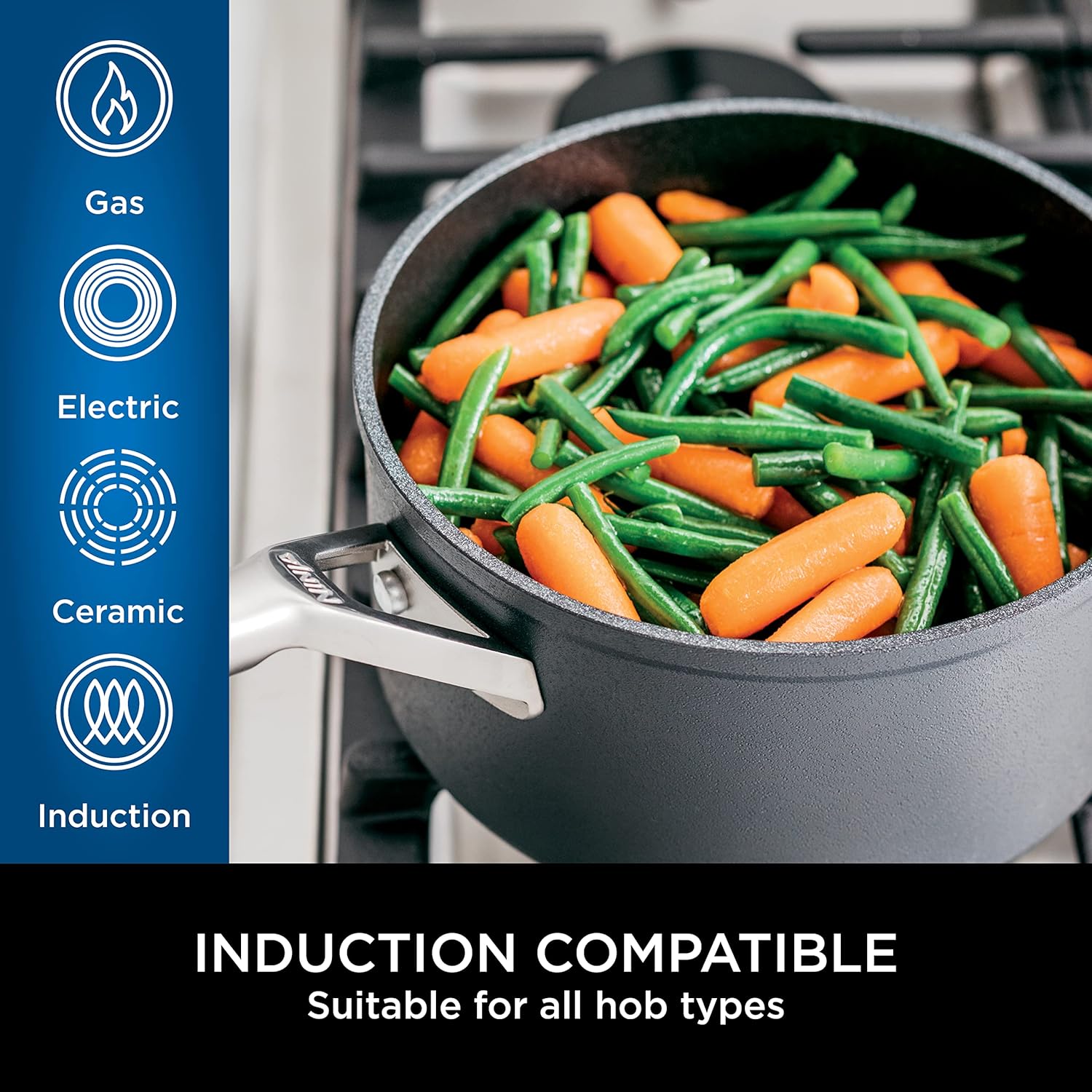 Ninja ZEROSTICK Premium 5-Piece Pan Set, Long Lasting Non-Stick, 3x Saucepans with Glass Lids, 1x Milk Pan, 1x Frying Pan, Hard Anodised Aluminium, Induction Compatible, Grey C35000UK