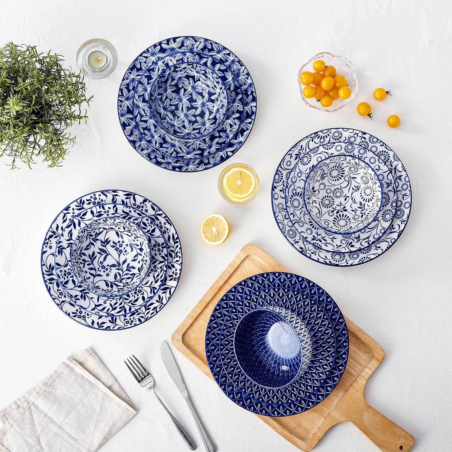 vancasso Selene Dinner Set for 4, 12 Pieces Porcelain Vintage Blue Plates and Bowls Set Kitchen Dinnerware Sets Crockery Set, Mircowave and Dishwasher Safe Dishes Set