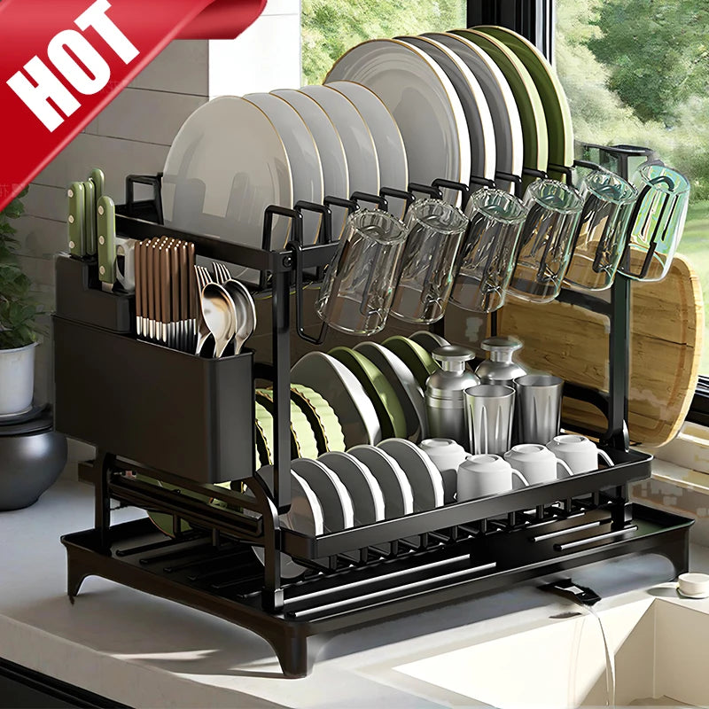 For kitchen countertops, use a two-layer dish drying rack and a kitchen countertop dish draining rack with a draining board