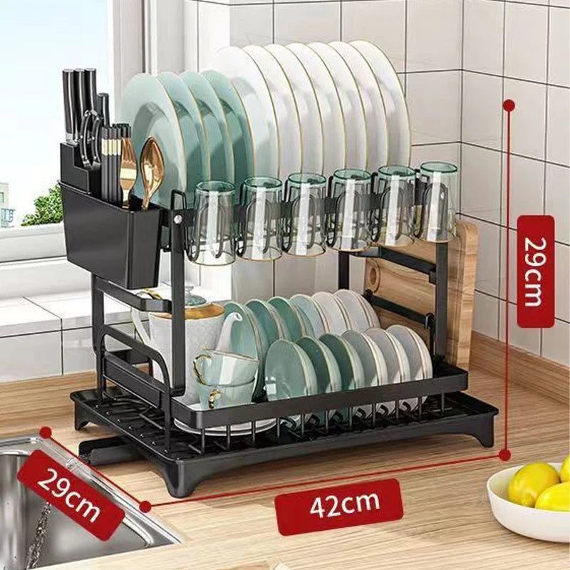 For kitchen countertops, use a two-layer dish drying rack and a kitchen countertop dish draining rack with a draining board