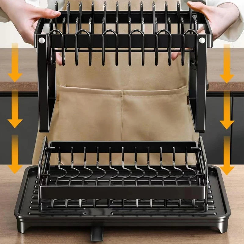 For kitchen countertops, use a two-layer dish drying rack and a kitchen countertop dish draining rack with a draining board