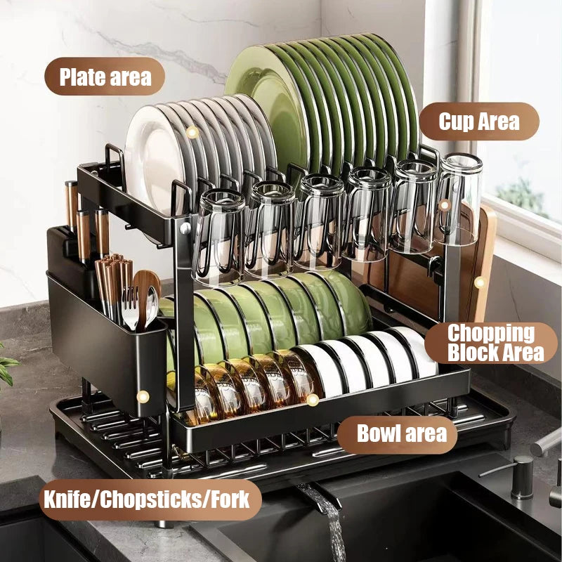 For kitchen countertops, use a two-layer dish drying rack and a kitchen countertop dish draining rack with a draining board