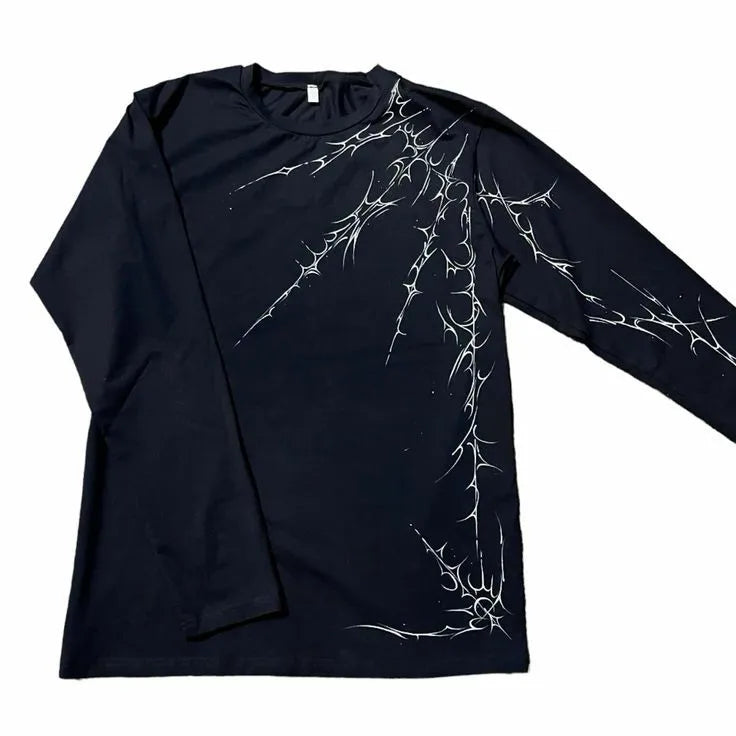 Streetwear Gothic Black Cotton Crew Neck Long Sleeves T Shirt Mens Clothing Y2K Harajuku Hip Hop Line Graphic Print Casual Tops