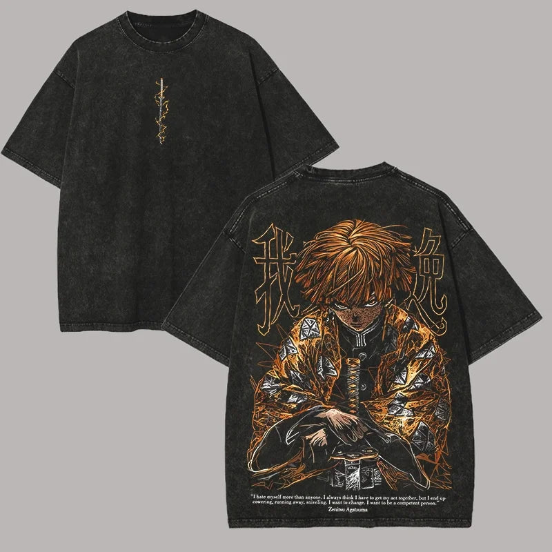 Demon Slayer Zenitsu Graphic T-shirt Manga Print Vintage Washed Oversized T Shirt Men Women Clothing Cotton Short Sleeve Tee Top