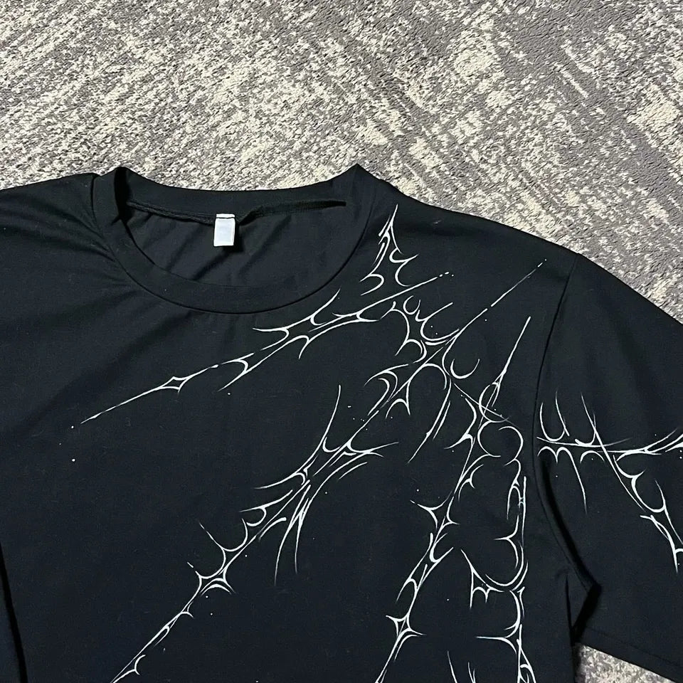 Streetwear Gothic Black Cotton Crew Neck Long Sleeves T Shirt Mens Clothing Y2K Harajuku Hip Hop Line Graphic Print Casual Tops