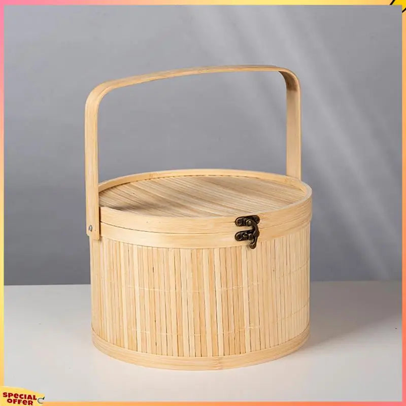 ABFI Bamboo Woven Baskets Antique Colored Pastry Specialty Gift Basket Vintage Bamboo Woven Lunch Box Basket