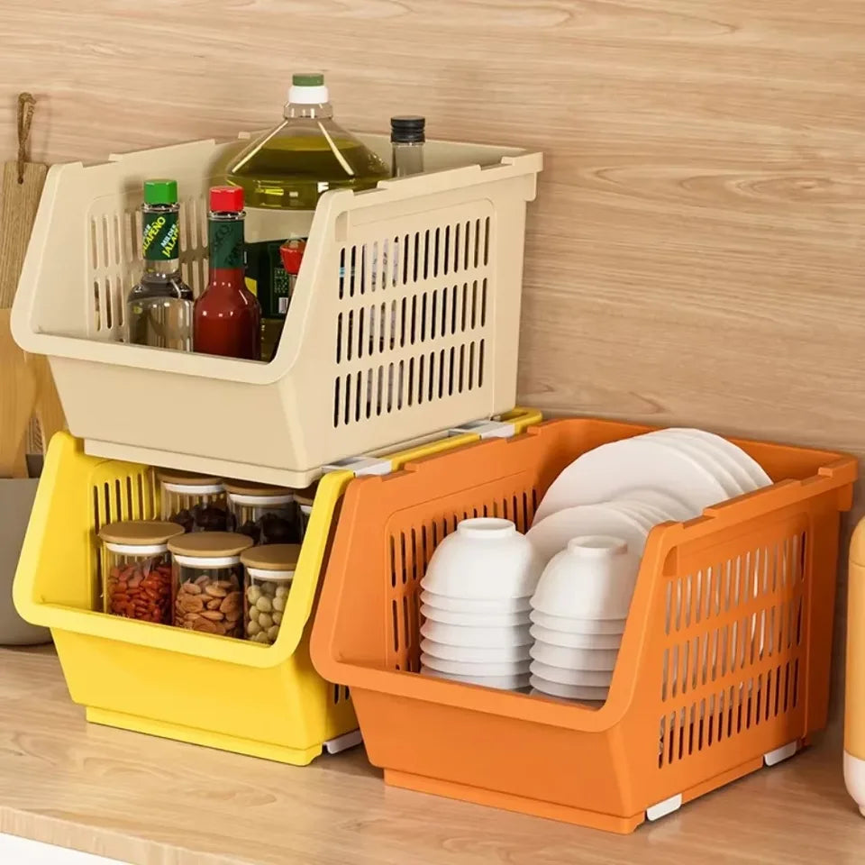 Stackable Basket Kitchen With Wheels Toy Storage Rack Plastic Stackable Storage Bins Open Front Pantry Fruit Kitchen Bathroom