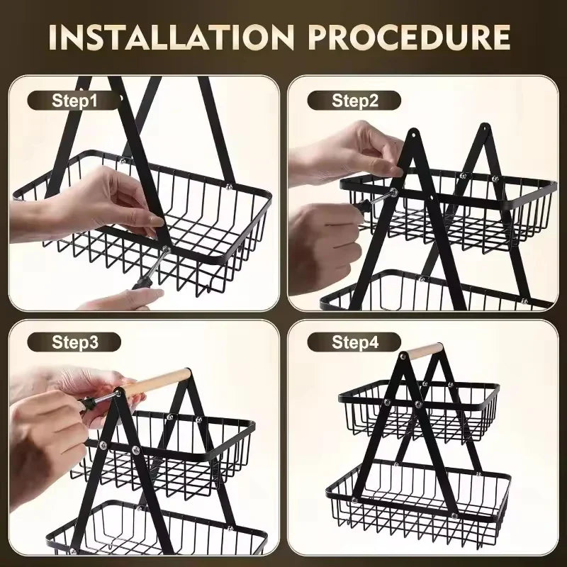 New 2 3 Tiers Countertop Fruit Basket Portable Iron Art Kitchen Organizer for Fruits Bread Snacks Storage Rack