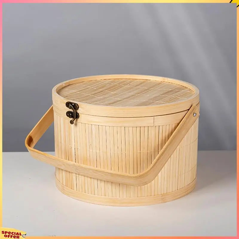 ABFI Bamboo Woven Baskets Antique Colored Pastry Specialty Gift Basket Vintage Bamboo Woven Lunch Box Basket
