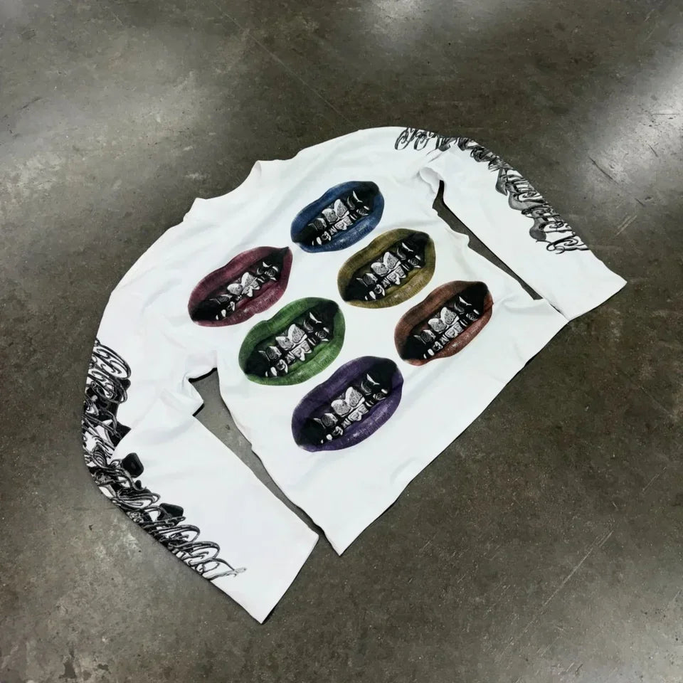 Streetwear Gothic Black Cotton Crew Neck Long Sleeves T Shirt Mens Clothing Y2K Harajuku Hip Hop Line Graphic Print Casual Tops