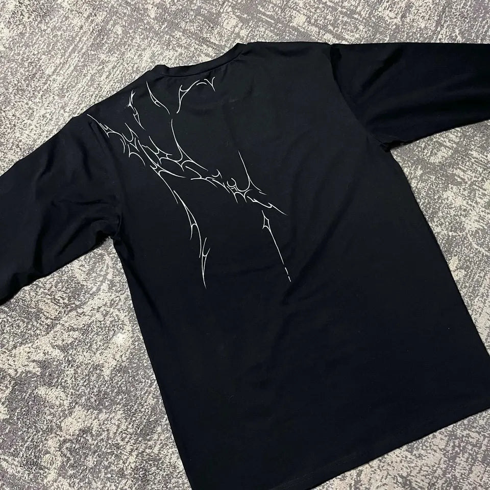 Streetwear Gothic Black Cotton Crew Neck Long Sleeves T Shirt Mens Clothing Y2K Harajuku Hip Hop Line Graphic Print Casual Tops