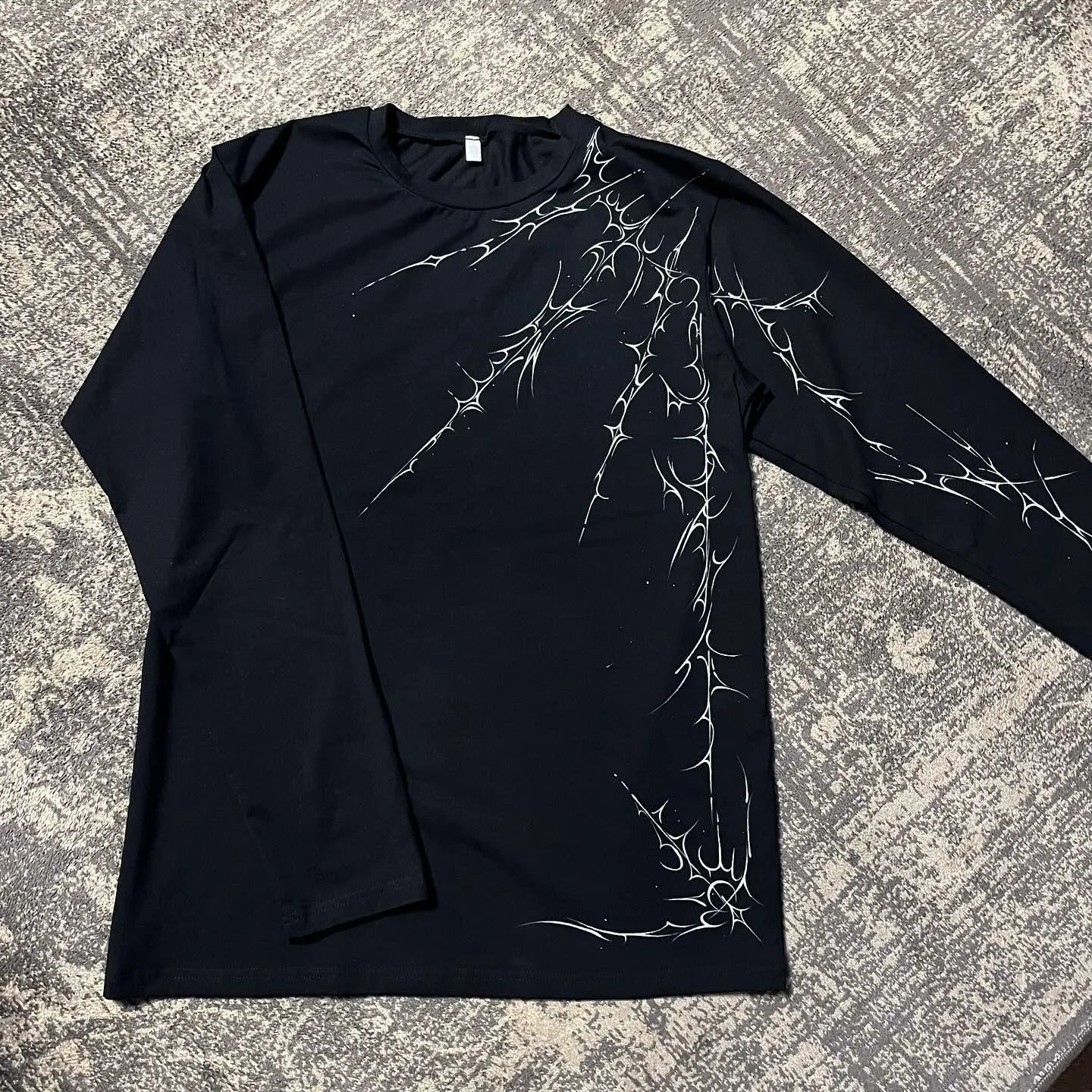 Streetwear Gothic Black Cotton Crew Neck Long Sleeves T Shirt Mens Clothing Y2K Harajuku Hip Hop Line Graphic Print Casual Tops